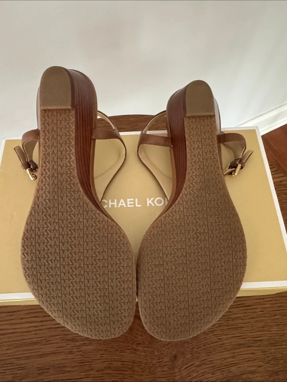 Michael Kors Cognac Leather T-Strap Sandals with Gold MK Accent